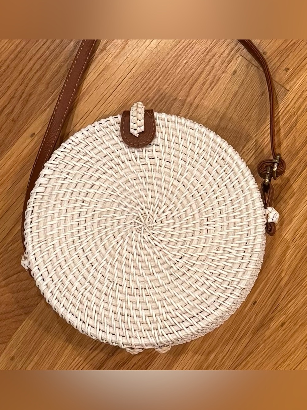 Woven Round Crossbody Bag - White with Brown Trim